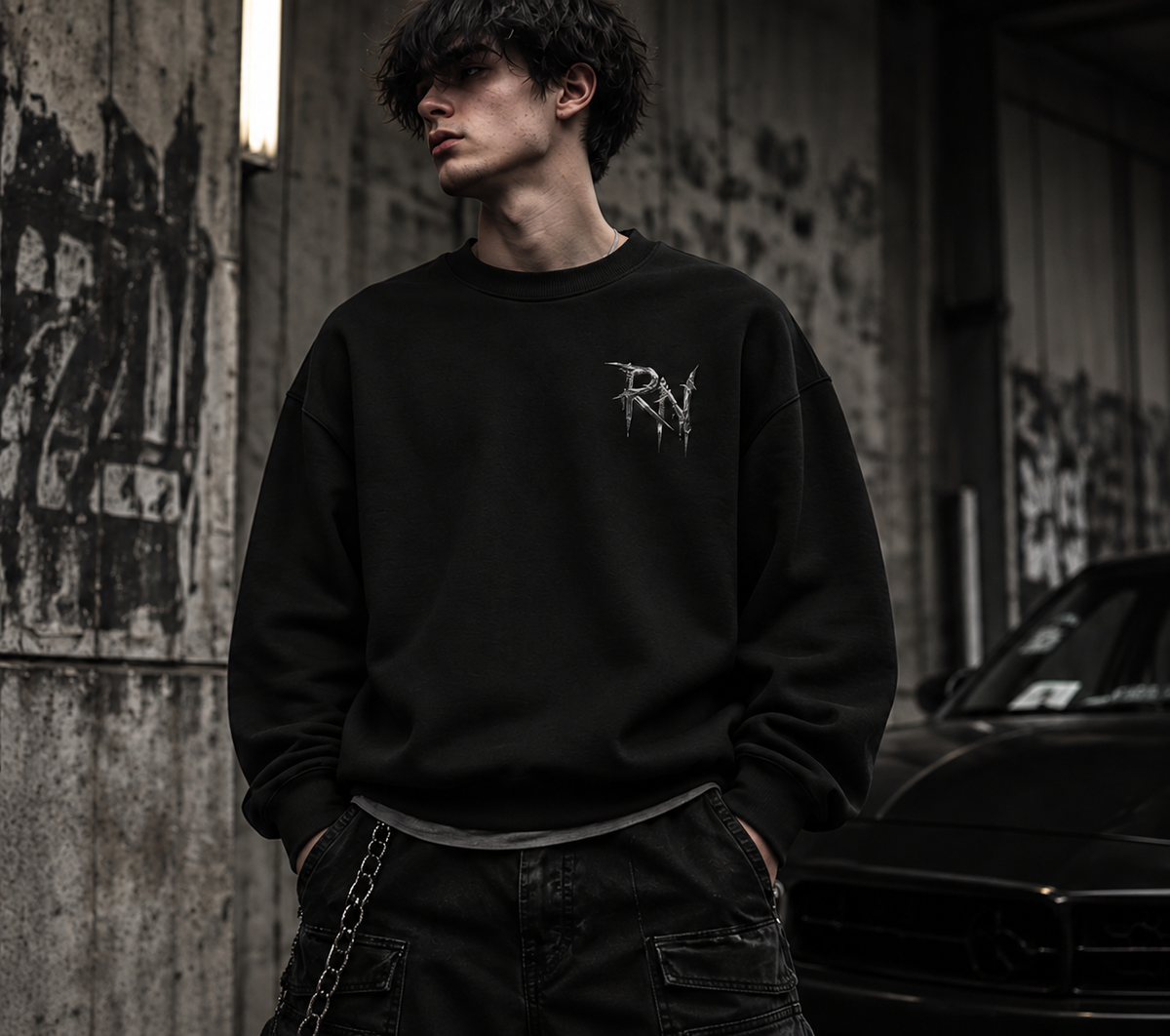 Road Noir Crewneck Sweatshirt — Dark Retro Car Logo Pullover