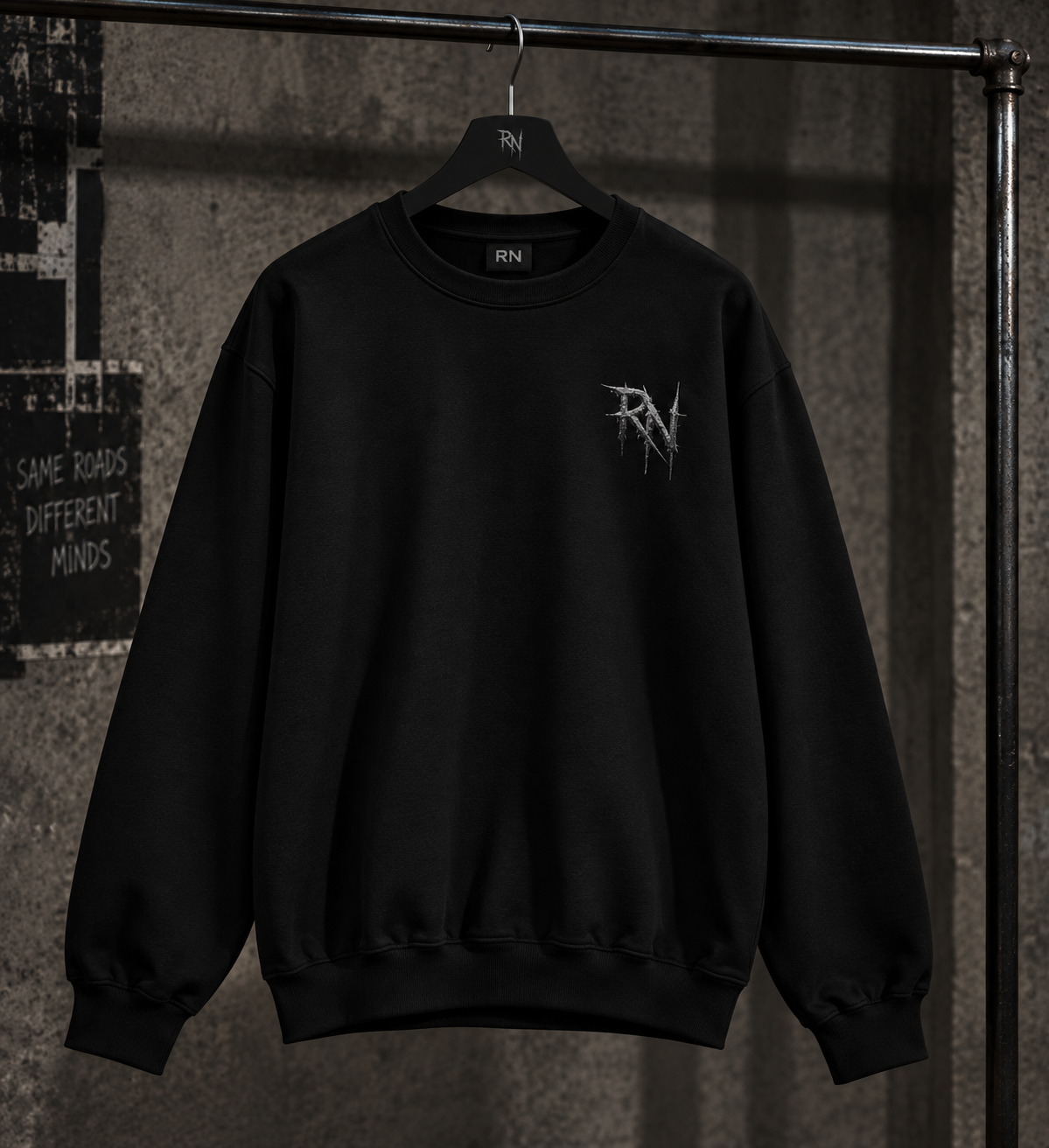Road Noir Crewneck Sweatshirt — Dark Retro Car Logo Pullover