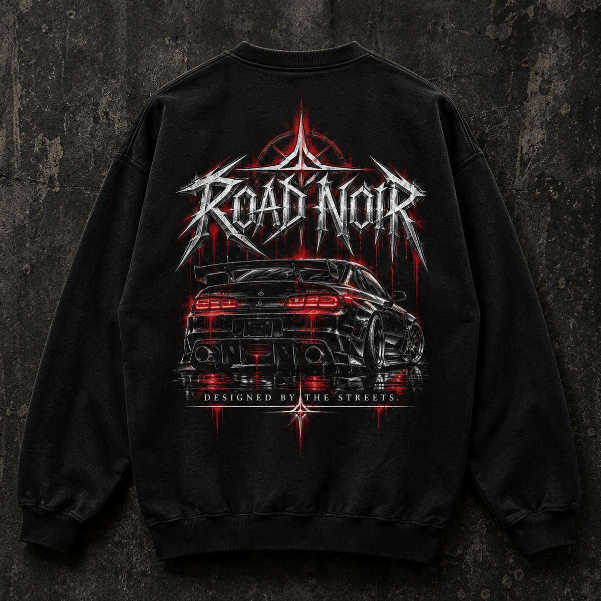 Road Noir Crewneck Sweatshirt — Dark Retro Car Logo Pullover