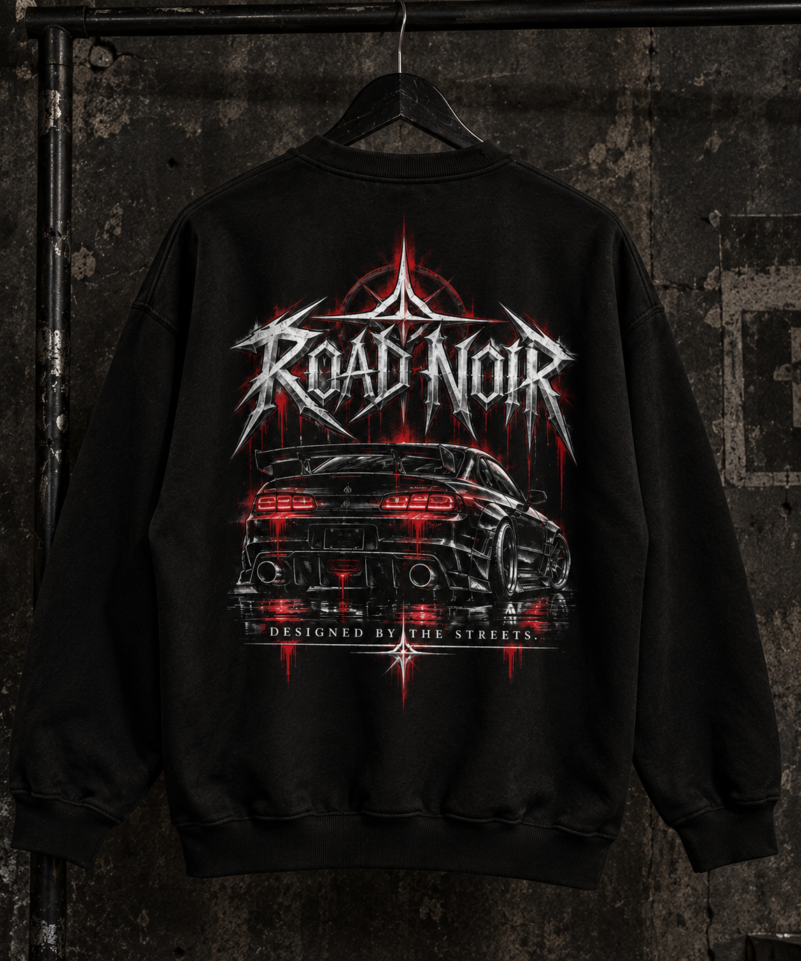 Road Noir Crewneck Sweatshirt — Dark Retro Car Logo Pullover