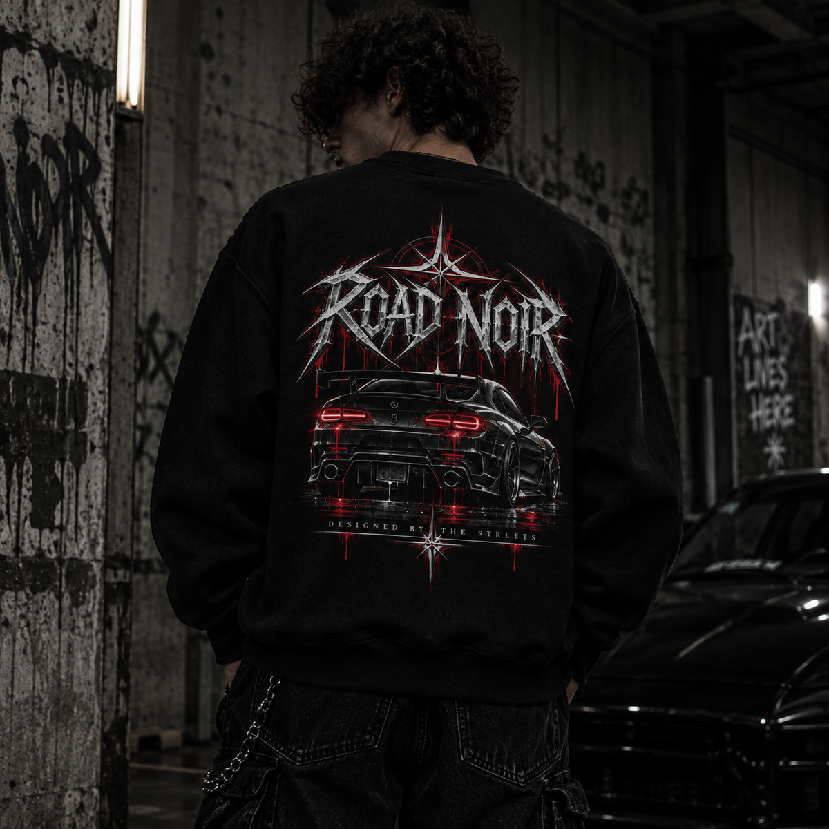 Road Noir Crewneck Sweatshirt — Dark Retro Car Logo Pullover