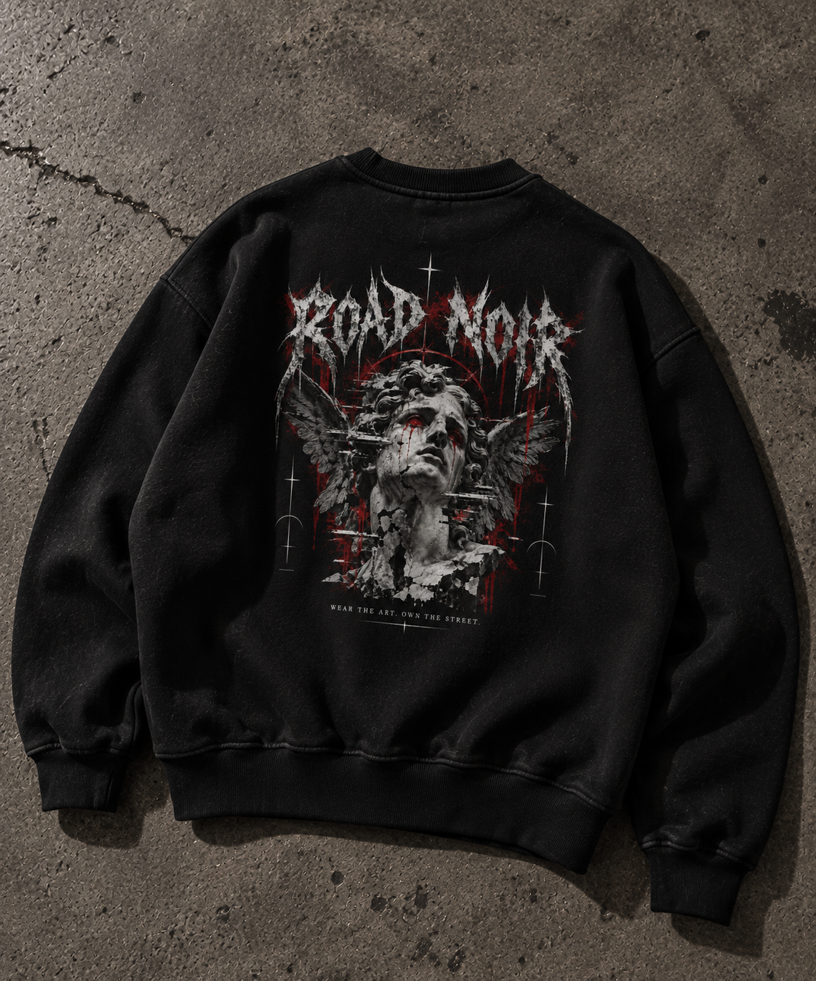 Road Noir Graphic Crewneck Sweatshirt — Gothic Band-Style Streetwear