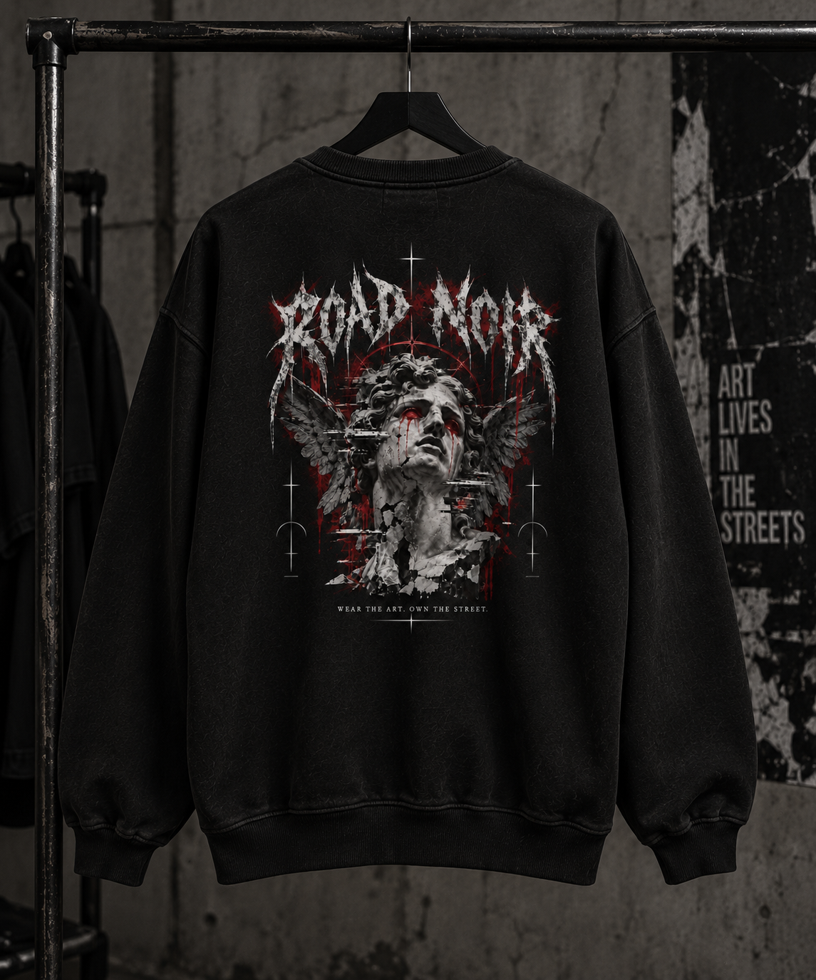 Road Noir Graphic Crewneck Sweatshirt — Gothic Band-Style Streetwear