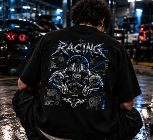ROAD NOIR Cyber-Motorsport Graphic Tee - Heavyweight Unisex Racing T-Shirt